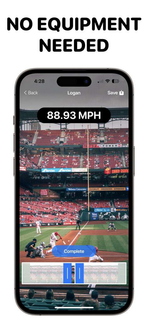 A mobile app interface measuring a baseball pitch speed of 88.93 MPH at a stadium