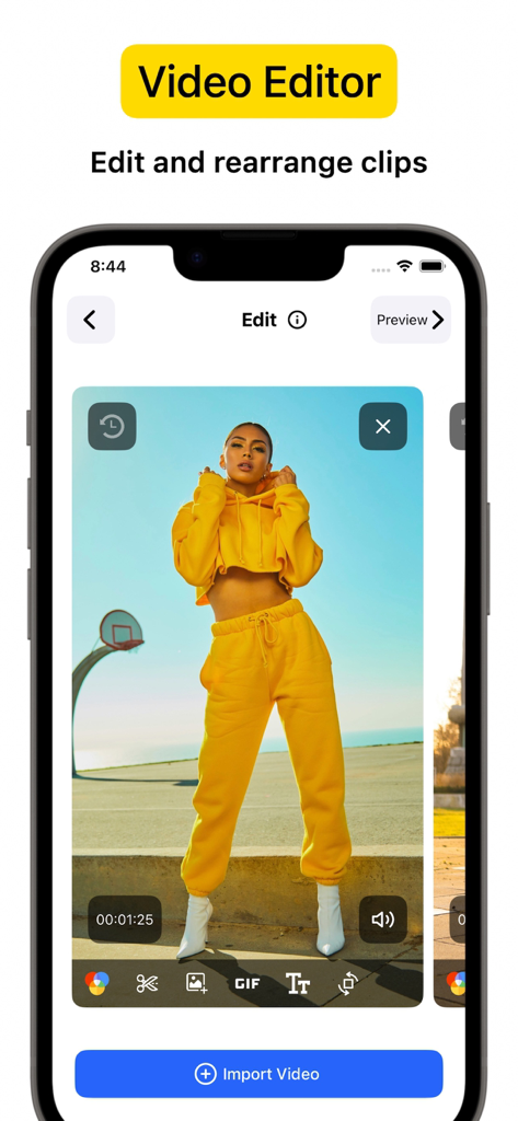 iPhone screen displaying the VideoCam plus video editor interface with a video clip and editing tools