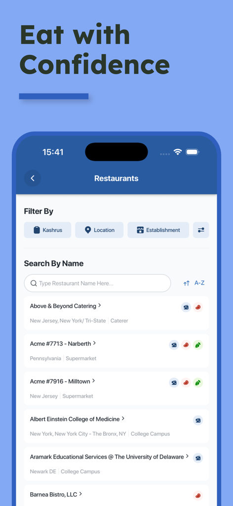OU Kosher - Interfaz de la aplicación OU Kosher que muestra una lista de búsqueda de restaurantes y servicios de catering certificados