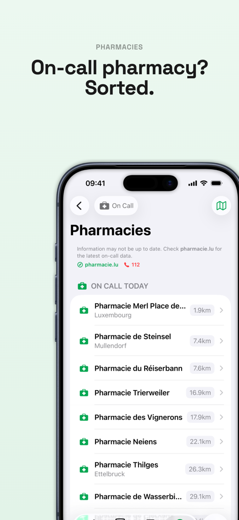 Luxempoche - Liste des pharmacies de garde au Luxembourg avec informations sur la distance en temps réel sur l'interface de l'application Luxempoche