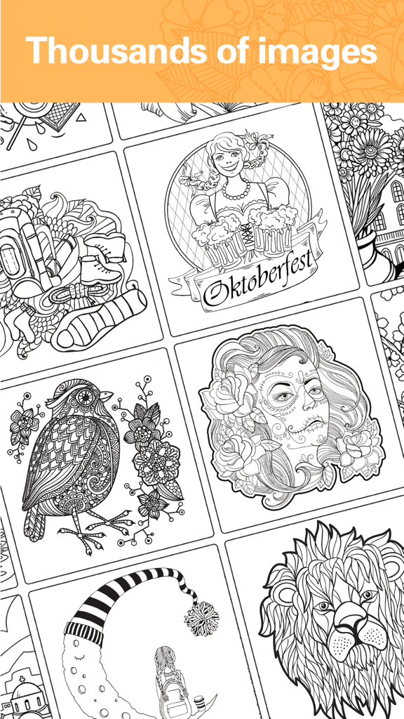 Colors-Recolor Book Colorfy - Una colección de páginas para colorear en blanco y negro que incluyen un león, un pájaro y una escena de Oktoberfest