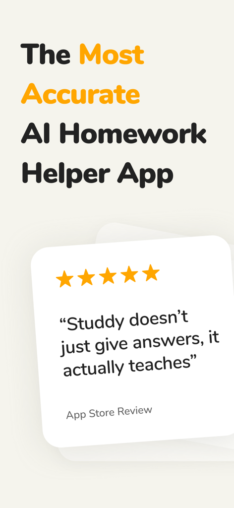 A five star App Store review for Studdy AI Tutor highlighting how the app teaches students rather than just providing answers