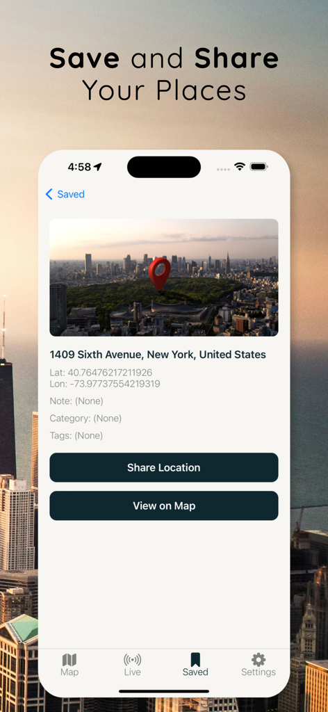 Live GPS Location Sharing - A screen from the Live GPS Location Sharing app displaying a saved location with latitude and longitude coordinates