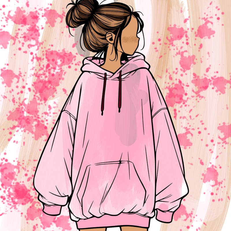 realistic girl with a oversized sweatshirt on and a bun
