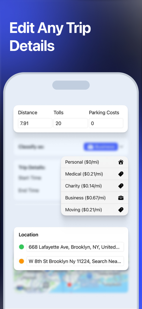 Interface pour modifier les détails du trajet et classifier les kilomètres dans l'application MileKeeper.