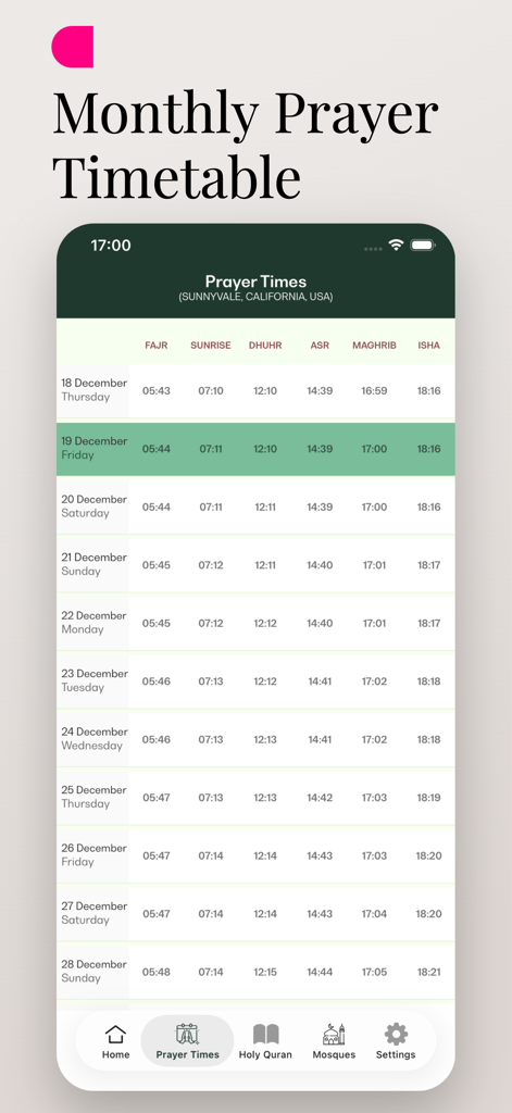Prayer Times 2026: Ramadan - Monatlicher Gebetszeitplan, der tägliche islamische Zeitpläne für Fajr, Sonnenaufgang, Dhuhr, Asr, Maghrib und Isha in Sunnyvale, Kalifornien, anzeigt.