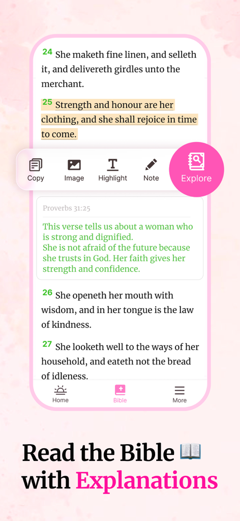 Bible For Women. - Screenshot of the Bible For Women app interface showing a Bible verse from Proverbs with an accompanying spiritual explanation.