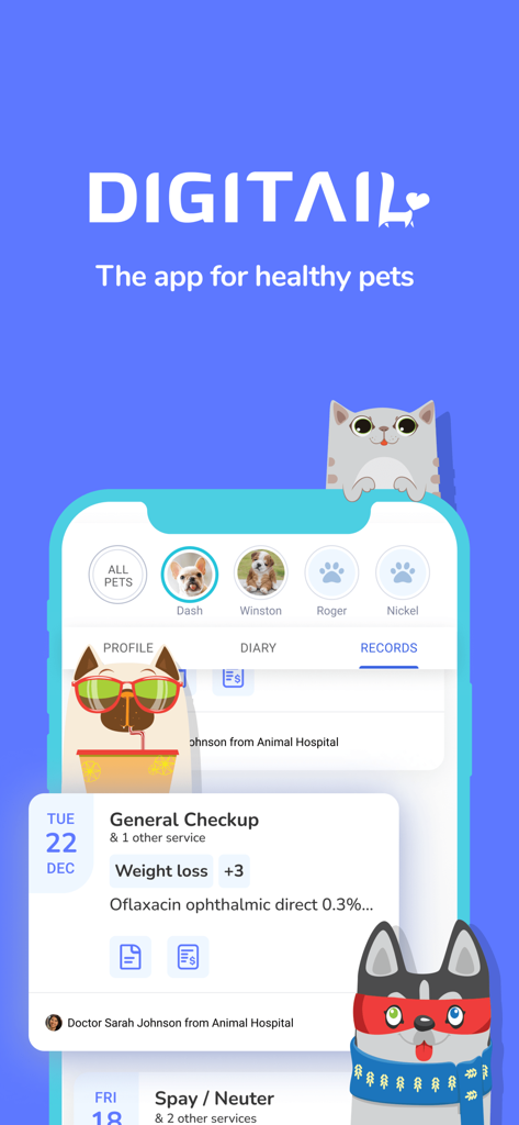 Digitail - Smarter Pet Care - Digitailアプリのインターフェースには、ペットの医療記録と予約履歴が表示され、ペットのキャラクターが描かれています