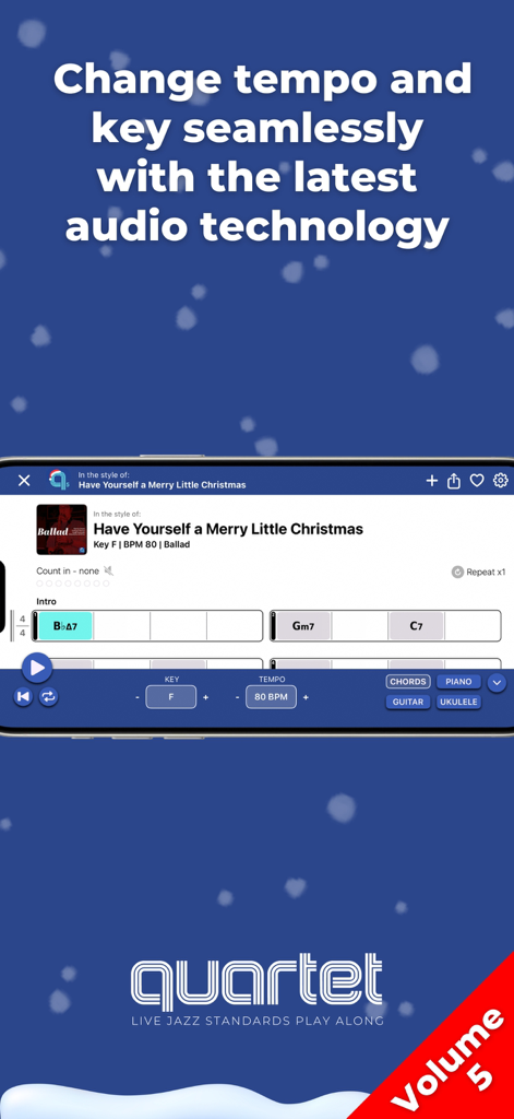 Interfaccia dell'app Quartet 5 Christmas che mostra i controlli per cambiare tempo e tonalità per standard jazz