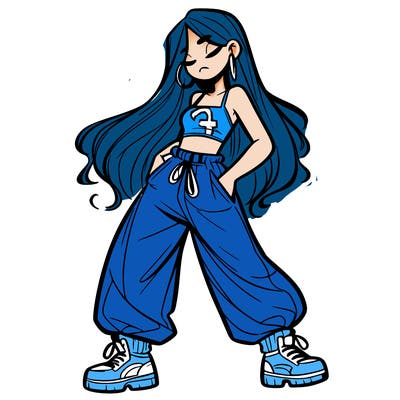 girl in baggy pants crop top and long hair
