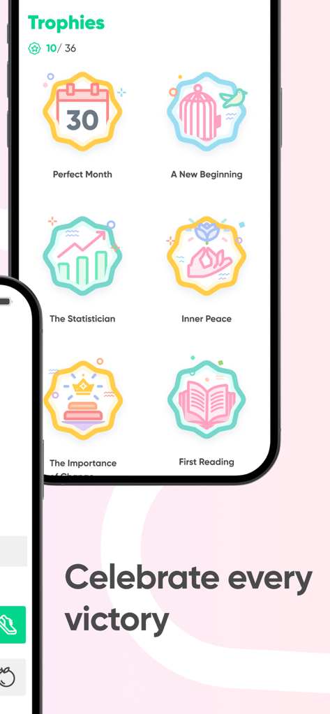 Mobile screen showing various trophies and achievements in the Kwit quit smoking app.