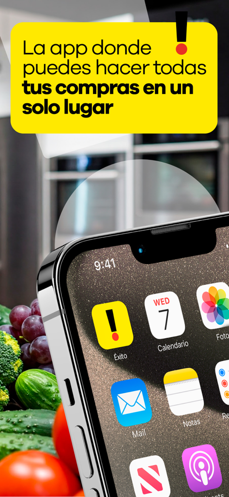 iPhone home screen featuring the Exito app icon with fresh produce in the background and promotional text in Spanish about all-in-one shopping.
