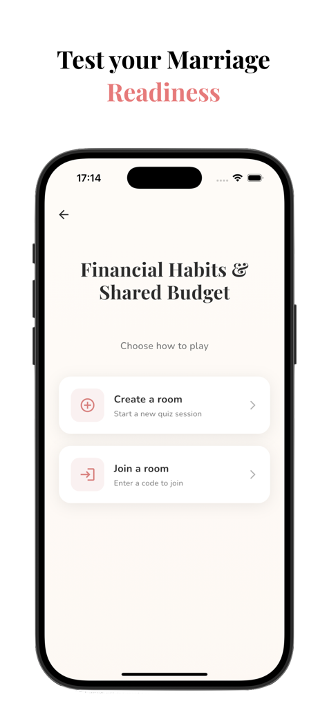 Before Yes: Pre Marriage Games - Smartphone screen showing the Before Yes app interface for the Financial Habits and Shared Budget quiz with options to create or join a room