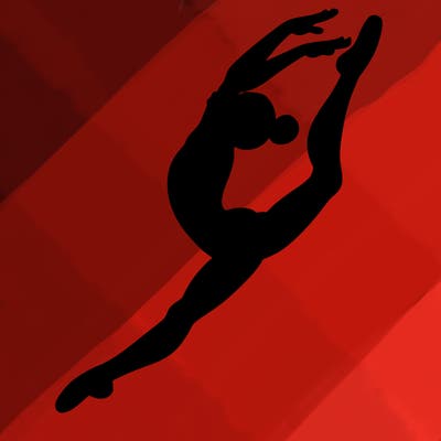 gymnast doing a leap in a leotard with a bent back leg