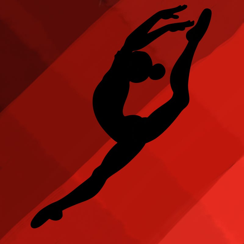 gymnast doing a leap in a leotard with a bent back leg
