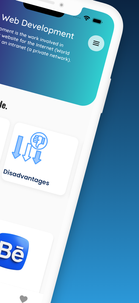 Mobile Ansicht der Web Development Bootcamp App, die ein Lernmodul über Nachteile der Webentwicklung anzeigt