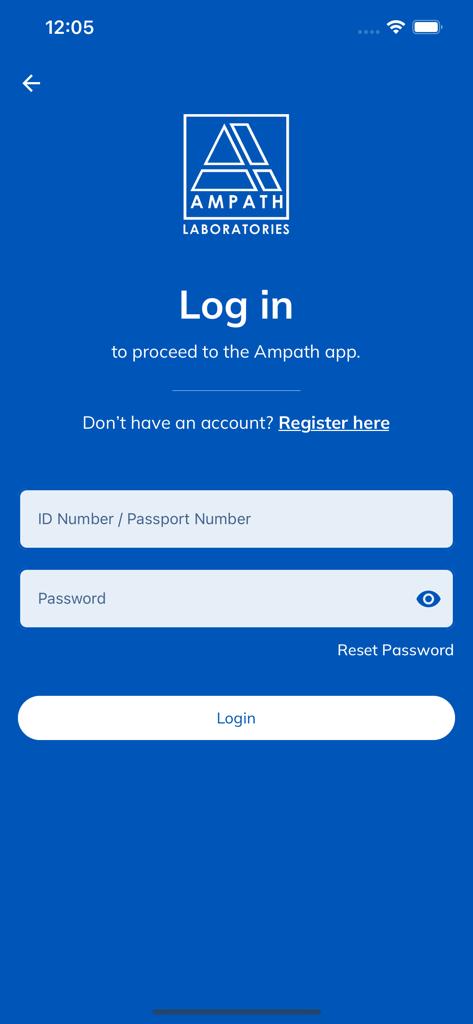 Ampath app login screen with ID and passport number fields
