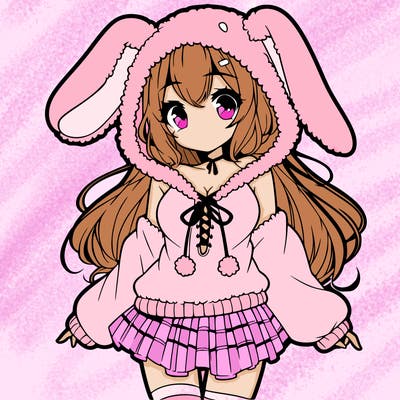 pretty anime girl wearing a fluffy hoodie with bunny ears on the hood and a skirt