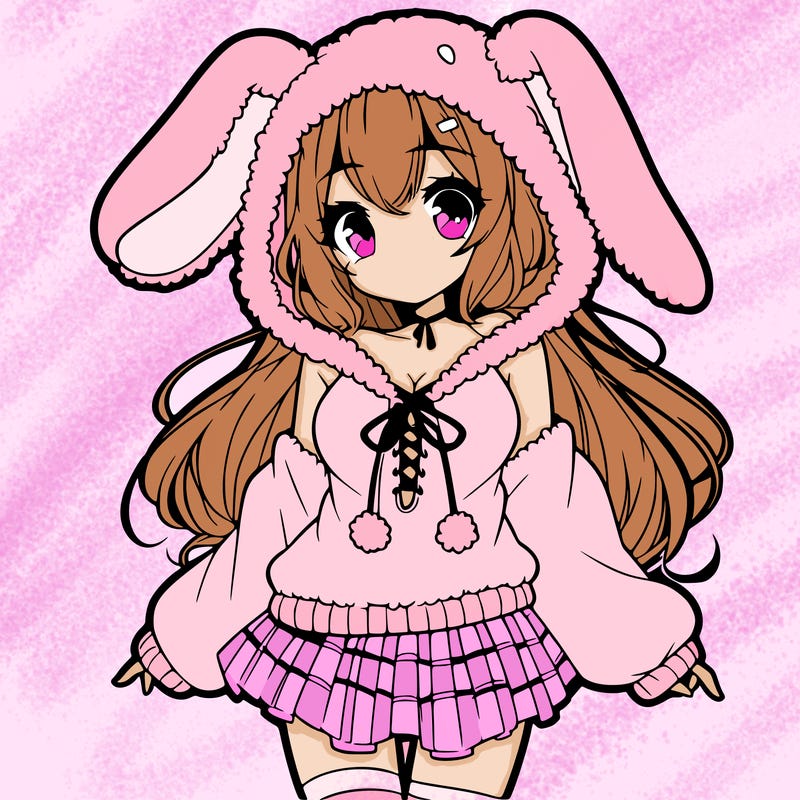 pretty anime girl wearing a fluffy hoodie with bunny ears on the hood and a skirt