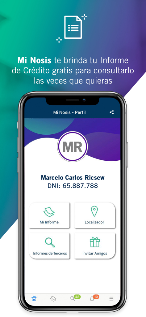 Mi Nosis app user profile screen showing credit report and financial information options