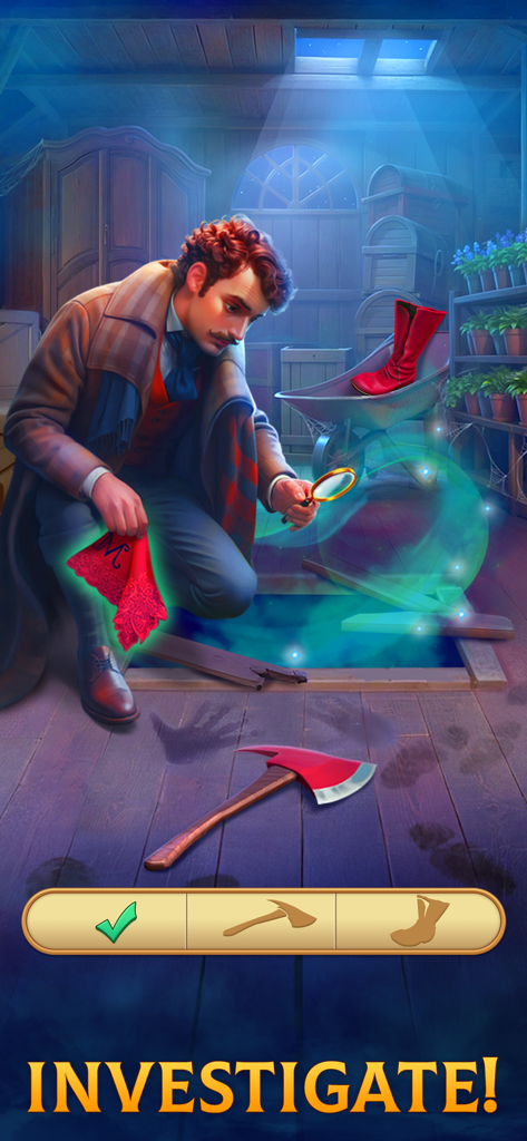 Clockmaker: Match 3 Puzzles - Un personaje detective investiga una habitación misteriosa con una lupa en Clockmaker Match 3 Puzzles.