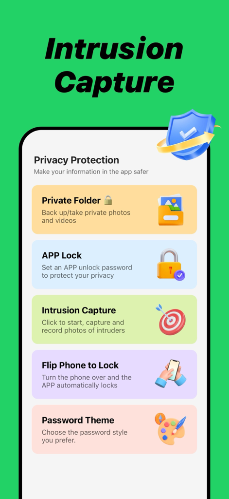 Watsapp Deleted Message Backup - Interface showing privacy protection features including Intrusion Capture and App Lock for message security
