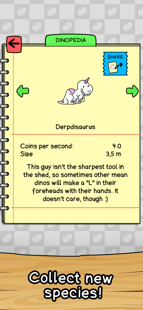 Dino Evolution: Dinosaur Game - 디노 에볼루션 게임에서 데르프디사우루스에 대한 디노피디아 항목이 능력치와 설명을 보여주는 스크린샷.