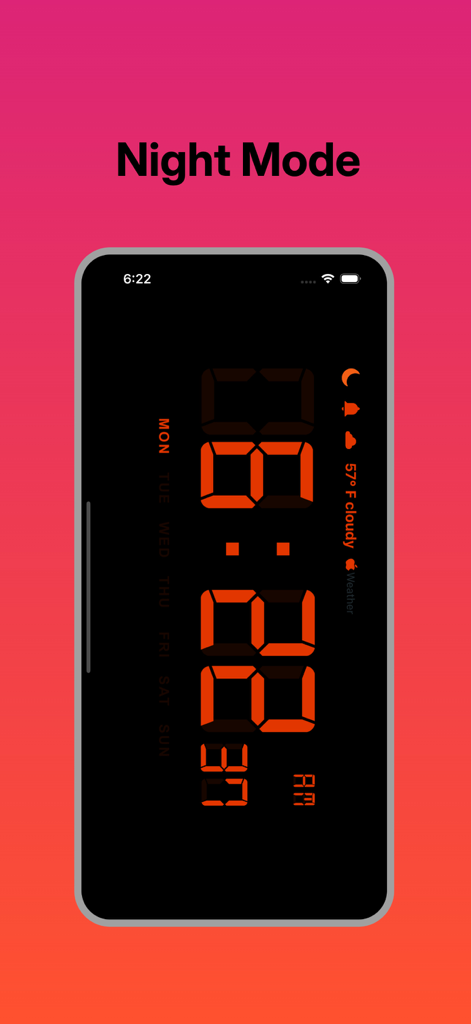 Cool Forecast Clock-Desk - Aplicación de reloj de escritorio digital en modo nocturno mostrando la hora y el clima en naranja sobre un fondo negro