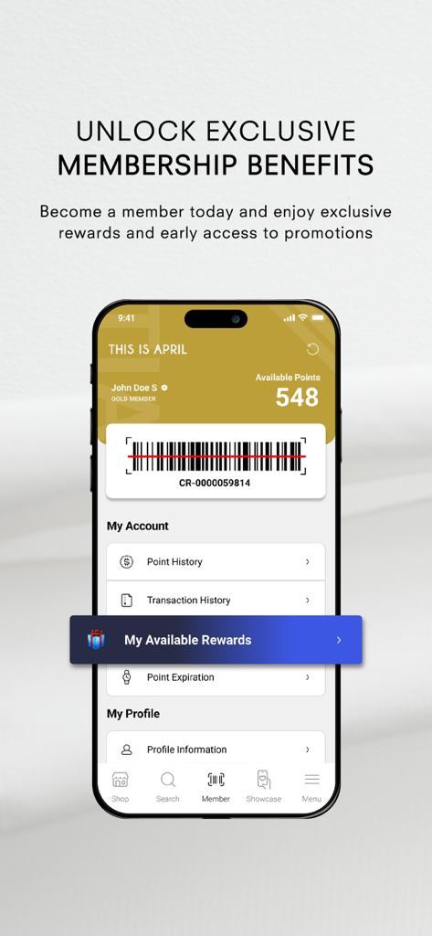 The This Is April app membership screen displaying a digital barcode reward points and member status