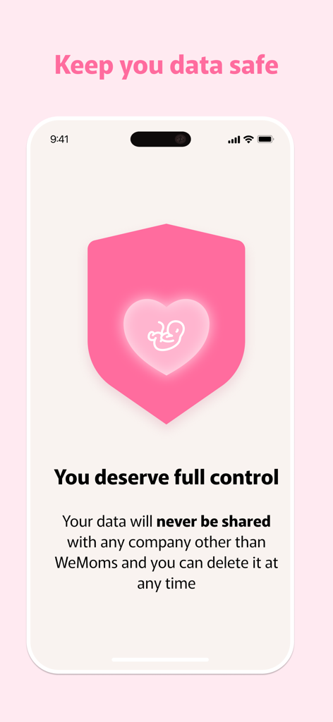 Écran de l'application WeMoms mettant l'accent sur la confidentialité et la sécurité des données de l'utilisateur avec une icône de bouclier rose
