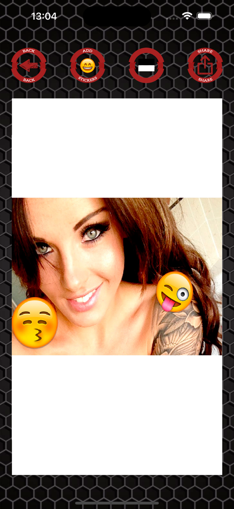 Emoji stickers to photos - Screenshot of the Emoji stickers to photos app showing a portrait with a kissing and a winking emoji sticker applied