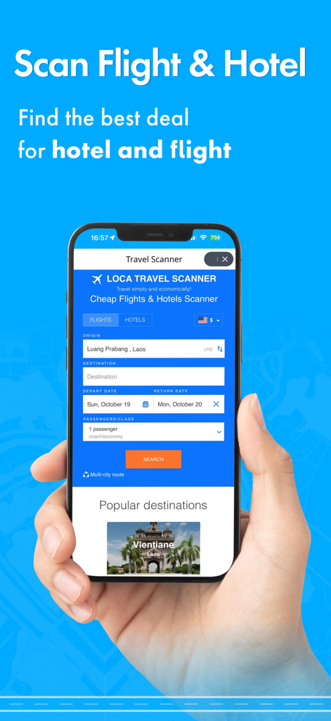 A smartphone showing the LOCA travel scanner interface for booking flights and hotels in Laos