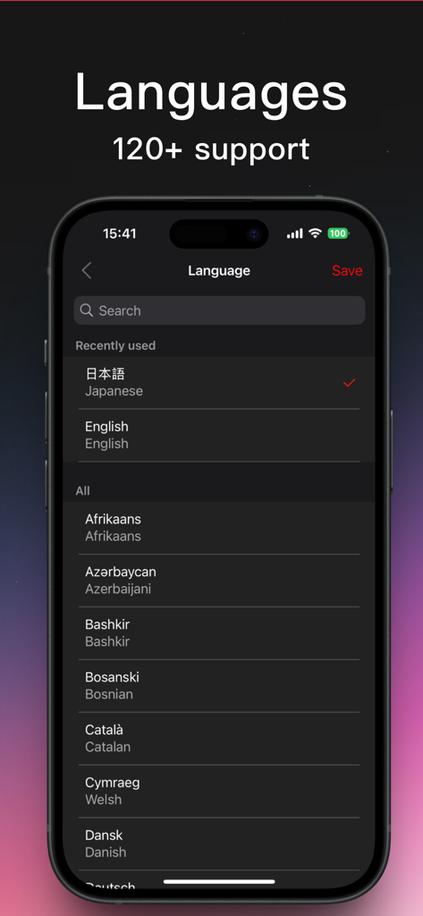 Pantalla de la aplicación móvil que muestra una lista de más de 120 idiomas compatibles para transcripción y traducción