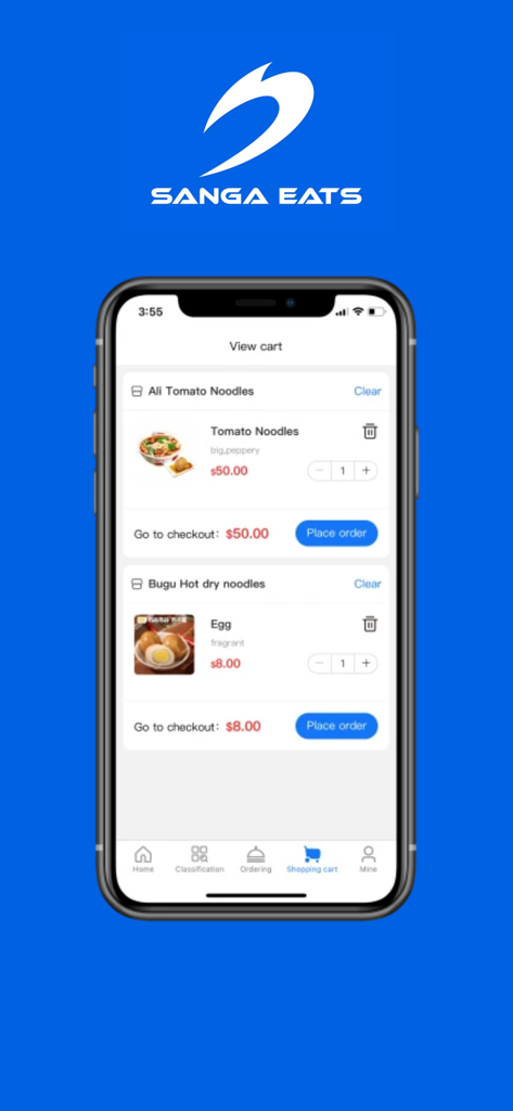 Sanga Eats - Food Delivery - Sanga Eats mobile app shopping cart screen displaying food orders from local restaurants