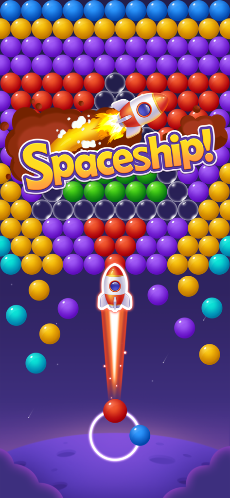Bubble Shooter - Puzzle Games - A colorful bubble shooter game screen featuring a powerful spaceship booster popping rows of bubbles.