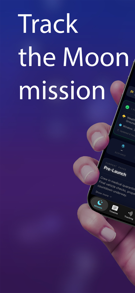 Artemis II Tracker - Smartphone screen displaying the Artemis II Tracker moon mission app interface