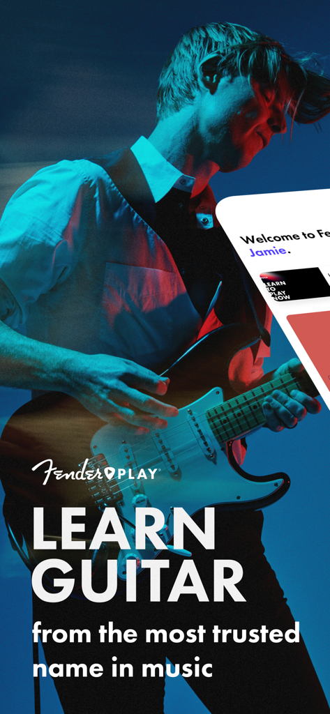 Fender Play: Learn Guitar - A musician playing an electric guitar under blue and red lights with text that says Learn Guitar from the most trusted name in music