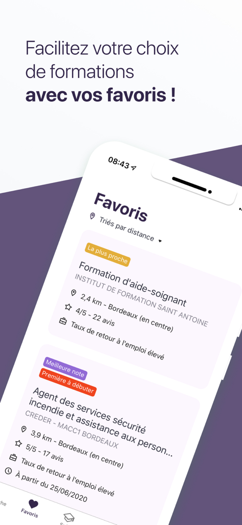 Ma Formation - France Travail - Mobile app interface showing a list of saved favorite training courses with user ratings and employment success rates