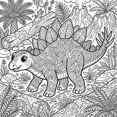 Embark on a relaxing journey to the age of dinosaurs with this captivating baby Stegosaurus coloring page. Designed for adults, it features an adorable yet intricately patterned baby dinosaur amidst a lush prehistoric landscape, offering hours of creative enjoyment.
