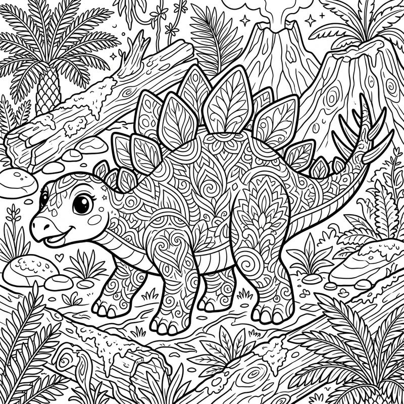 Embark on a relaxing journey to the age of dinosaurs with this captivating baby Stegosaurus coloring page. Designed for adults, it features an adorable yet intricately patterned baby dinosaur amidst a lush prehistoric landscape, offering hours of creative enjoyment.