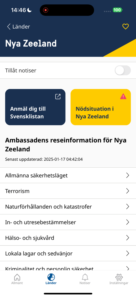 UD Resklar - Capture d'écran de l'application UD Resklar affichant les informations de voyage officielles de l'ambassade suédoise et les alertes d'urgence pour la Nouvelle-Zélande