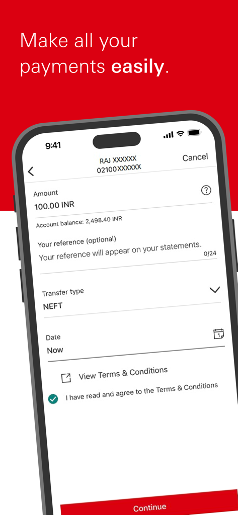 Écran de l'application bancaire mobile HSBC Inde pour effectuer des paiements et des virements faciles