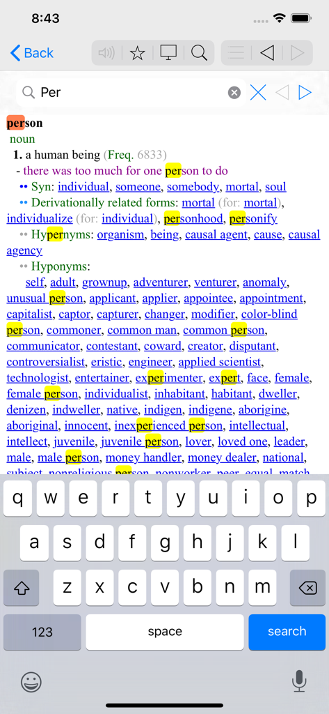 Screenshot of the MDict AD app showing a detailed dictionary entry for the word person with synonyms and hyponyms