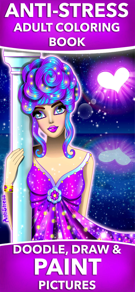 AntiStress Adult Coloring Book - A colorful digital illustration of a woman with vibrant blue and purple hair under a starry night sky