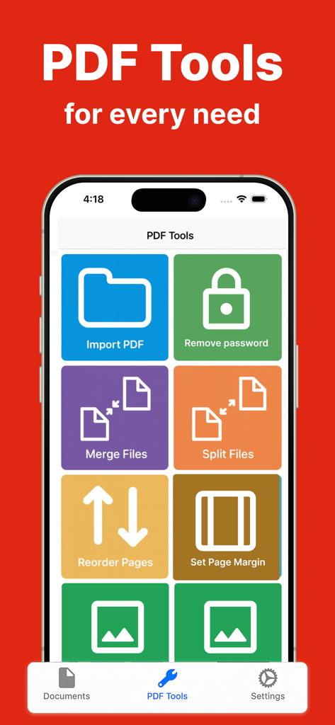 Photo to PDF converter scan. - Interfaz móvil de la aplicación eScanner que muestra herramientas para fusionar, dividir y gestionar archivos PDF