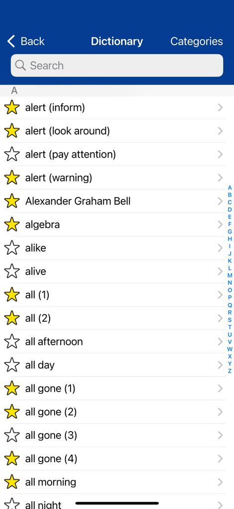 ASL Dictionary Sign Language - Lista alfabética de palabras buscable en la aplicación Diccionario ASL