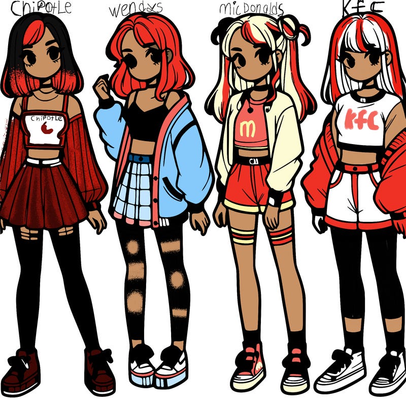 one girl with crop-top shirt and a jacket with a skirt, long socks and another girl with a shirt and pants with a jacket