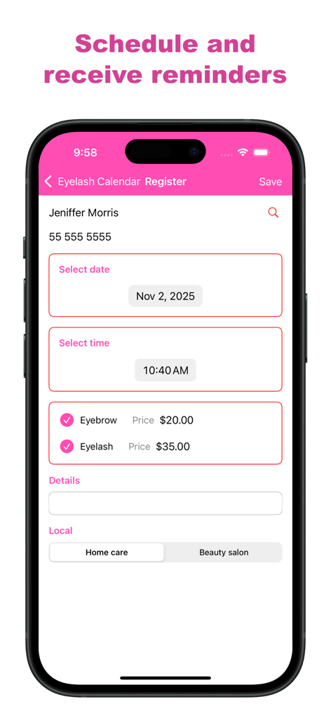 A mobile app screen showing a registration form for beauty services including appointment date time and location selection