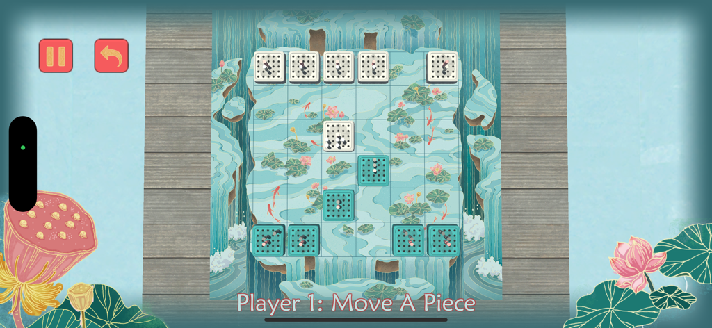 Thrive Board Game - Gameplay-Bildschirm von Thrive Brettspiel mit einem künstlerischen Seerosenblatt-Brett und abstrakten strategischen Figuren.