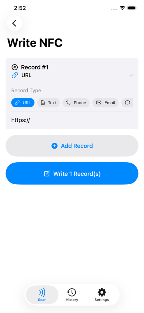 NFC Reader & Writer – NFC Tool - Interface of the NFC Reader and Writer app showing the Write NFC screen with URL record options and record creation buttons